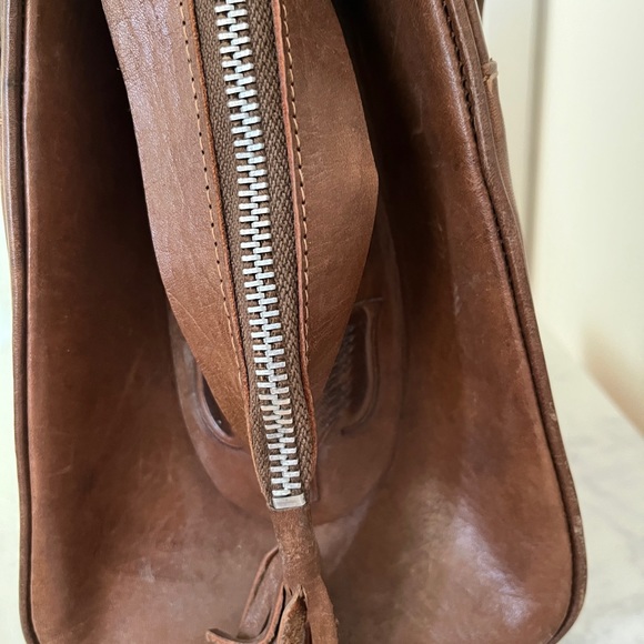 Vintage Tooled Leather Top Handle Purse Bag Chocolate Brown & White Two Tone - Picture 5 of 16